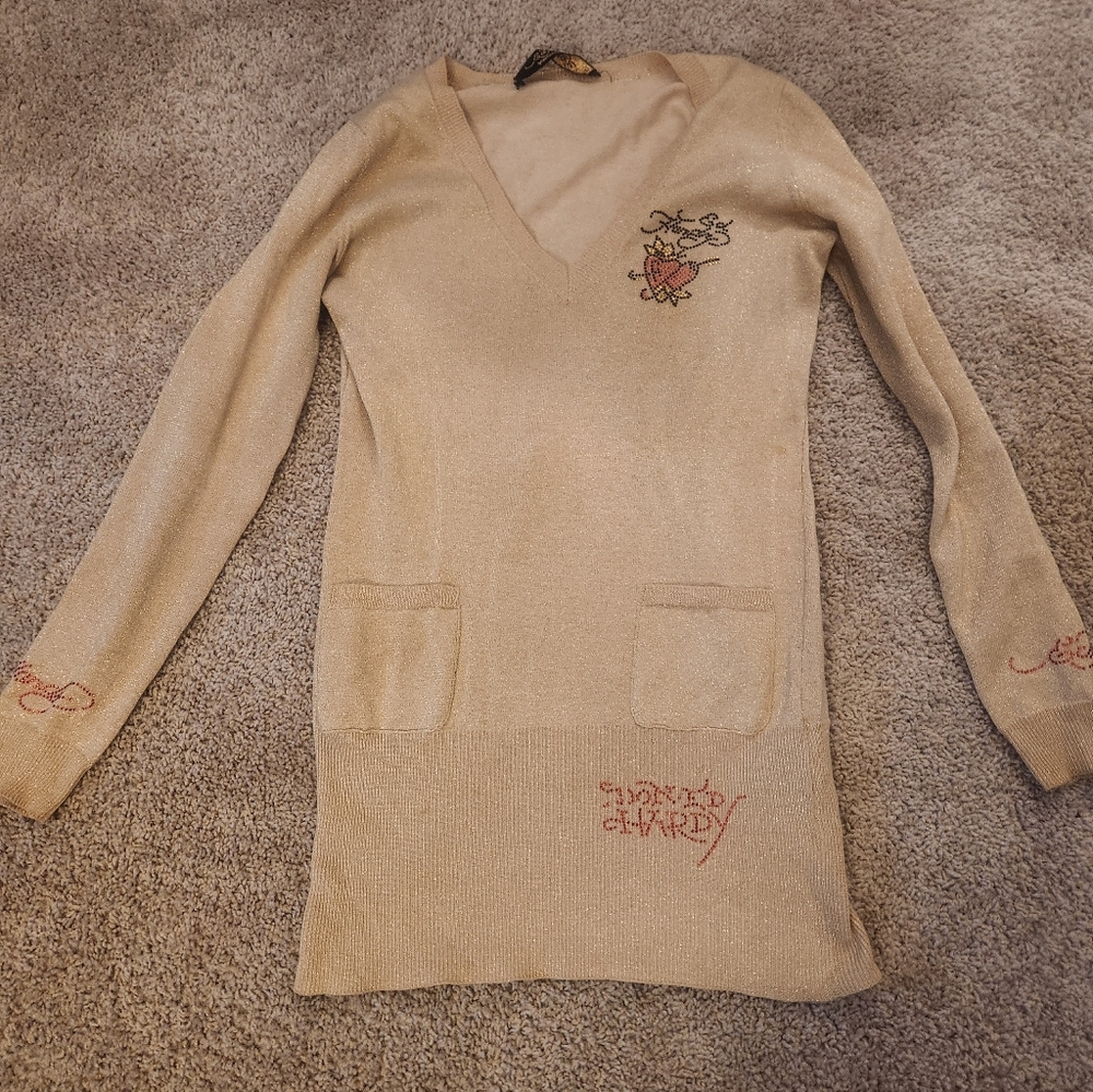 Retro Ed Hardy Women's Beige Sweater with Beads &  Embroidery